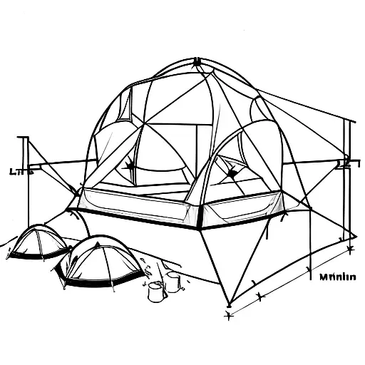 dome shaped camping tent. 2 foldable chairs on either side of campfire. full moon and stars. shooting star.  tattoo design idea