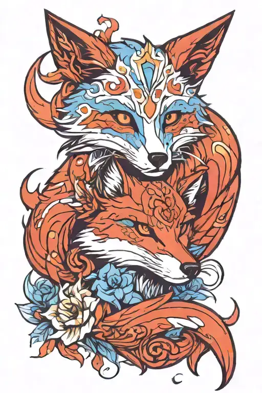 Design a spide-colored fox tattoo model with flower and fire details for the color red and blue  shoulder area realistic tattoo design idea