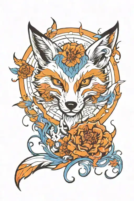 Design spider -colored fox tattoo model with flower and fire details for the color red and blue  shoulder area realistic tattoo design idea