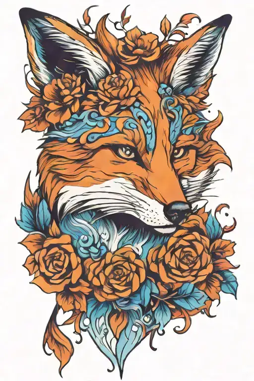 Design a fox-colored fox tattoo model with flower and fire details for the color red and blue  shoulder area realistic tattoo design idea