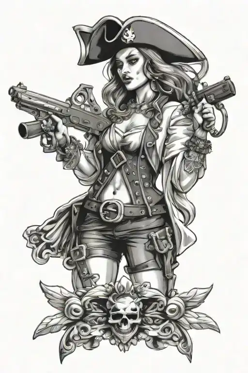 beautiful pirate woman holding pistol tattoo design idea