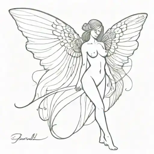 big wings with a butterfly and angel look and an outline of a woman's upper chest to thighs only no head and no full leg tattoo design idea