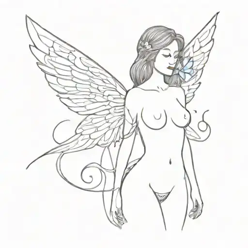 big wings with a butterfly and angel look and an outline of a woman's upper chest to thighs only tattoo design idea