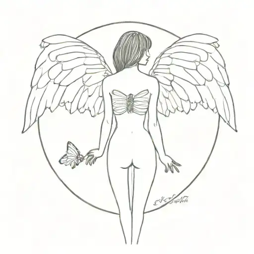 big wings with a butterfly and angel look and an outline of a woman's shoulders to thighs only tattoo design idea