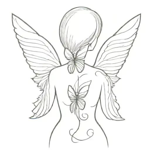big wings with a butterfly and angel look and an outline of a woman's back view shoulders down to trampstamp  tattoo design idea