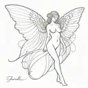 big wings with a butterfly and angel look and an outline of a woman's upper chest to thighs only no head and no full leg tattoo design idea