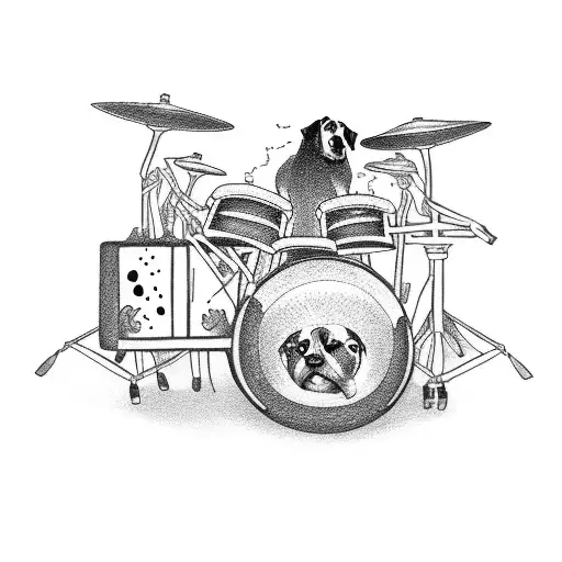 A pack of dogs jamming together on drums in a punk rock concert tattoo design idea