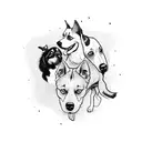 A pack of dogs jamming together on drums in a punk rock concert tattoo design idea