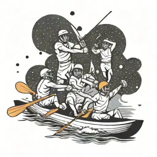 An abstract representation of a cricket match taking place on a kayak, with Asterix characters in the audience, in a dotwork style tattoo design idea