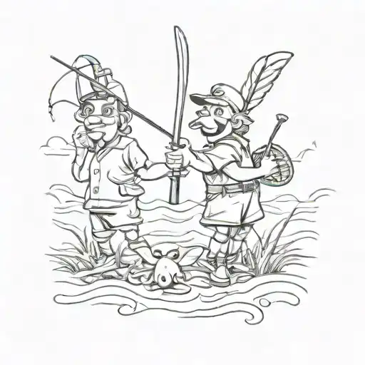 A creative combination of cricket and fishing elements, with Asterix characters integrated into the design, in a sketch style tattoo design idea