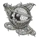 A fusion design of a cricket ball transforming into a fisher's hook, with subtle Asterix references, in a blackwork style tattoo design idea