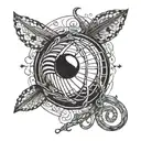 A fusion design of a cricket ball transforming into a fisher's hook, with subtle Asterix references, in a blackwork style tattoo design idea