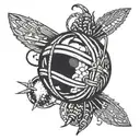 A fusion design of a cricket ball transforming into a fisher's hook, with subtle Asterix references, in a blackwork style tattoo design idea