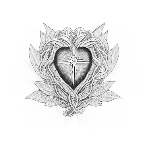 Sacred Heart, fire, wreaths, patterned lines black sleeve tattoo design idea