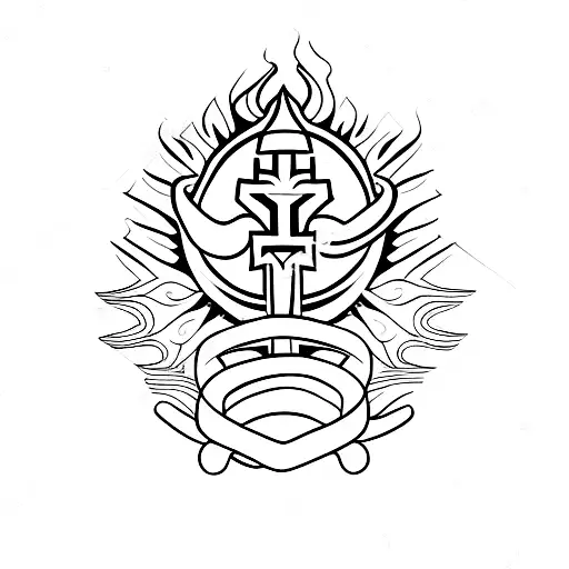 Sacred Heart, fire, wreaths, patterned lines black sleeve tattoo design idea