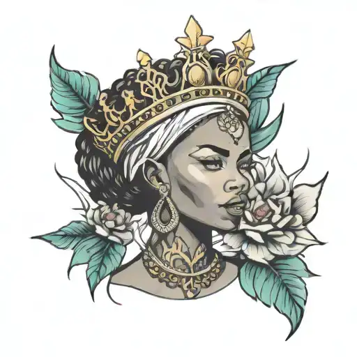 African princess holdin crown surrounded by bold tattoo design idea