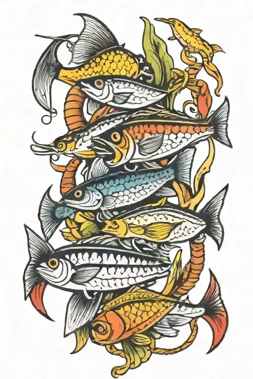 pile of fishing lures intertwined tattoo design idea