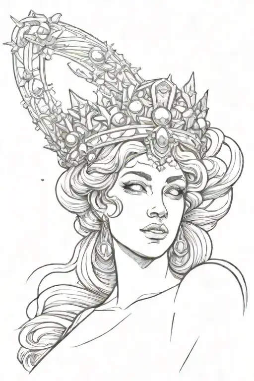 linework of hera laying with a crown in a elegant pose with a fierce facial expression surrounded by celestial objects  tattoo design idea