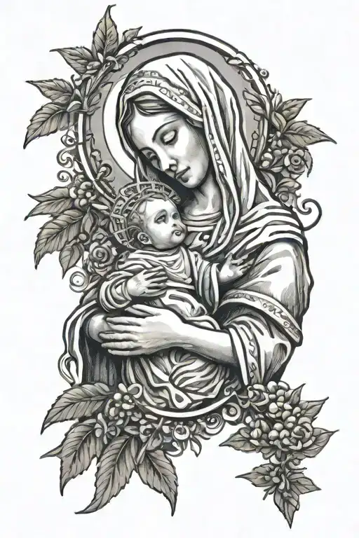 mother Mary holding baby Jesus with rosemary beads  tattoo design idea