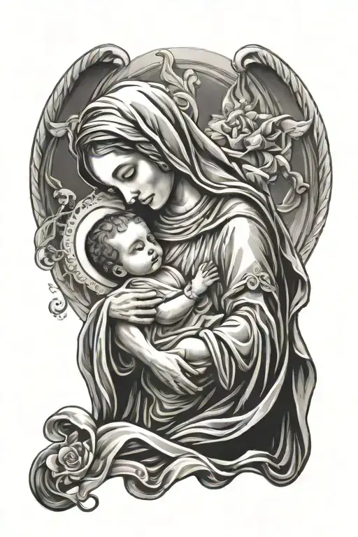 mother mary holding baby jesus praying tattoo design idea