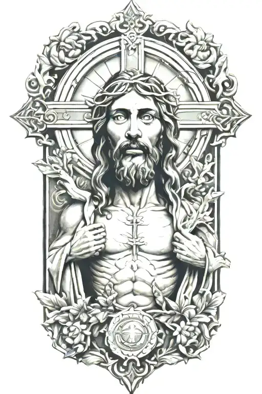 Jesus on Catholic cross surrounded by disciples tattoo design idea