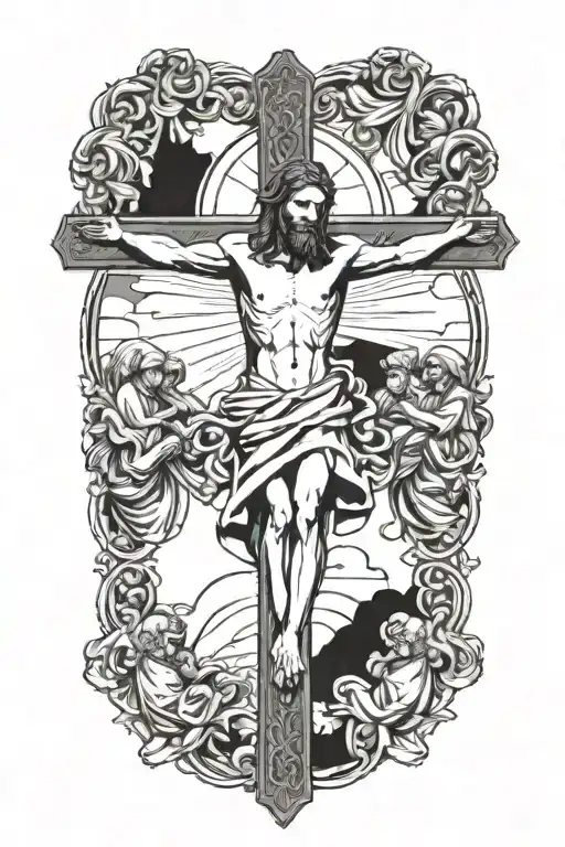 Jesus on Catholic cross surrounded by disciples tattoo design idea