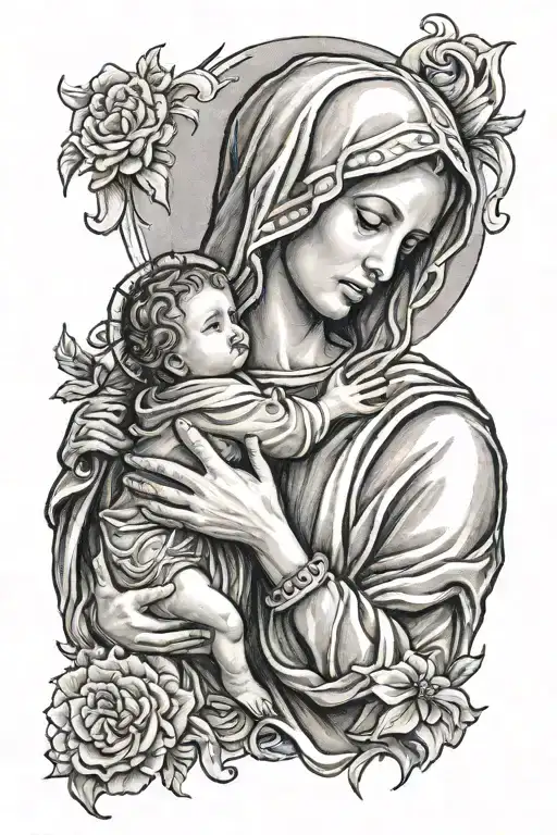 mother Mary holding baby Jesus  tattoo design idea