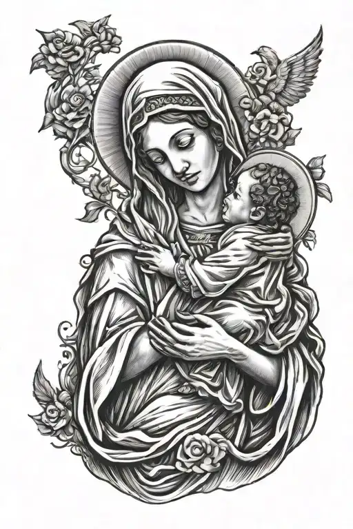 mother Mary holding baby Jesus  tattoo design idea