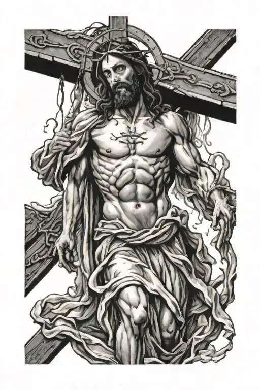 jesus hanging on Catholic cross with Roman spearing him  tattoo design idea