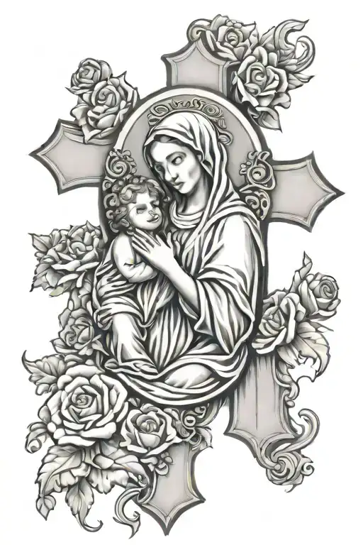 Catholic cross with mother mary holding child tattoo design idea