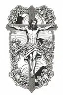 Jesus on Catholic cross surrounded by disciples tattoo design idea
