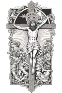 Jesus on Catholic cross surrounded by disciples tattoo design idea