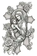 Catholic cross with mother mary holding child tattoo design idea