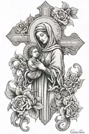 Catholic cross with mother mary holding child tattoo design idea