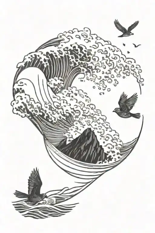 An intricate design of ocean waves crashing against a cliff with a cardinal flying overhead tattoo design idea