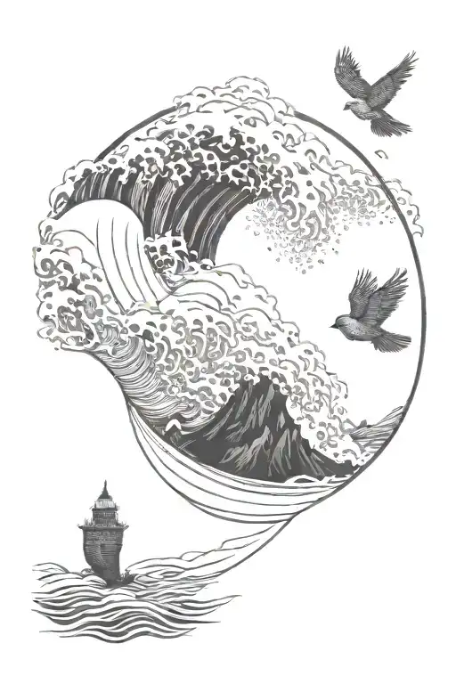 An intricate design of ocean waves crashing against a cliff with a cardinal flying overhead tattoo design idea