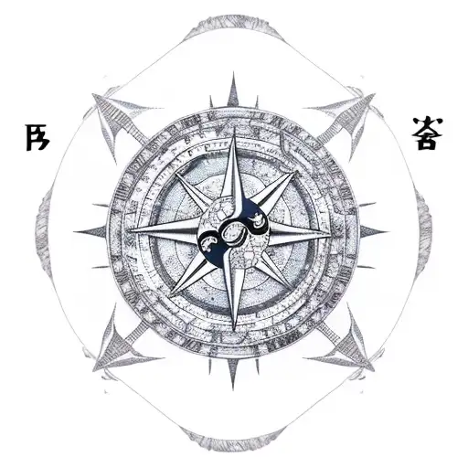 yin yang pirate brigantine ship compass trees ocean tattoo design idea