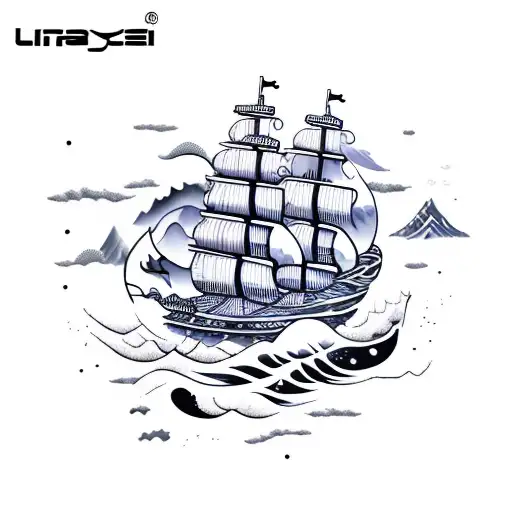 yin yang pirate ship ocean waves mountain  tattoo design idea