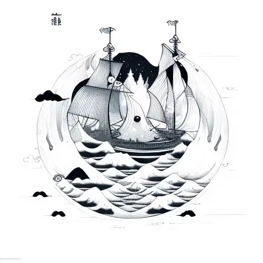 yin yang pirate ship ocean waves mountain  tattoo design idea