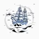 yin yang pirate ship ocean waves mountain  tattoo design idea