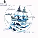 yin yang pirate ship ocean waves mountain  tattoo design idea