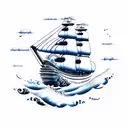 yin yang pirate ship ocean waves mountain  tattoo design idea