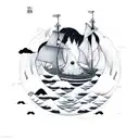 yin yang pirate ship ocean waves mountain  tattoo design idea