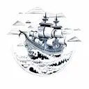 yin yang pirate ship ocean waves mountain  tattoo design idea