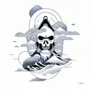 yin yang pirate ship ocean waves mountain  tattoo design idea