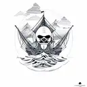 yin yang pirate ship ocean waves mountain  tattoo design idea