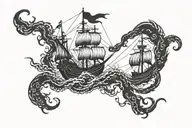 a Kracken sinking a viking ship through stromy weather tattoo design idea