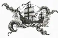 a Kracken sinking a viking ship through stromy weather tattoo design idea
