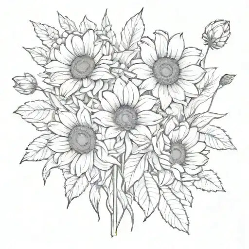 Sunflower, poppy, lily, tulip, rose, chrysanthemum, narcisus flower bouquet  tattoo design idea