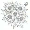 Sunflower, poppy, lily, tulip, rose, chrysanthemum, narcisus flower bouquet  tattoo design idea